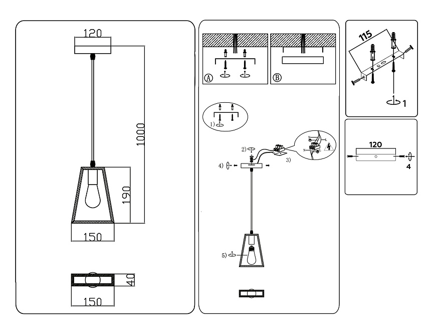 TR80497 BK/LW черный/светлое дерево E14 max 60W D150*1000